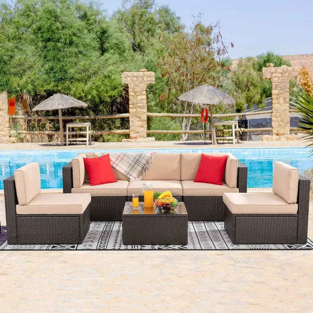 6-Piece Outdoor Patio Wicker Sectional Set with Coffee Table for Small Spaces - Ideal for Garden, Backyard, Poolside (Beige)