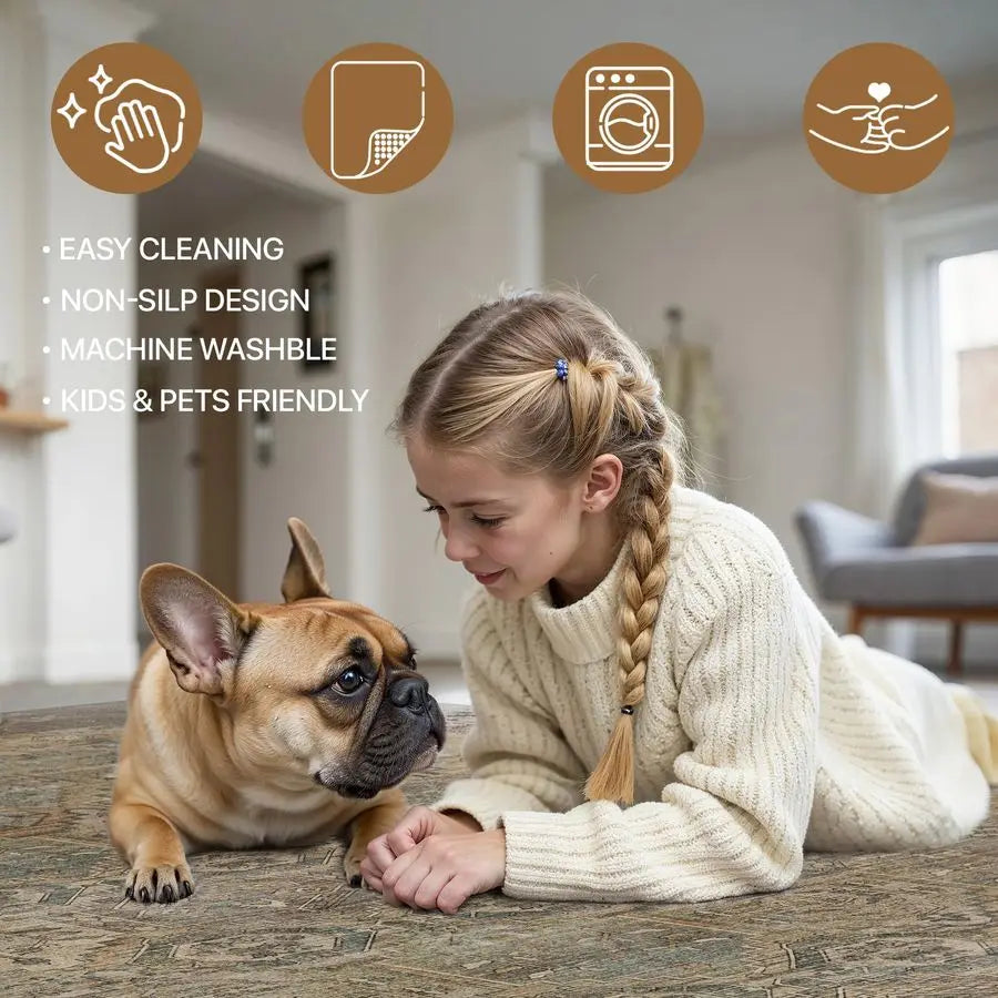 Washable Rug 8x10 Area Rug for Washable Vintage Print Carpet, UltraThin Chenille Low Pile Lightweight