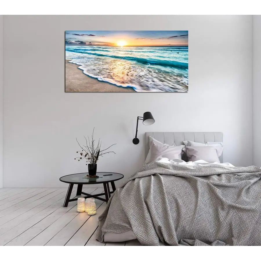 Canvas Prints Wall Art Beach Sunset Ocean Waves Nature Pictures Stretched Canvas Wooden Framed for living Room