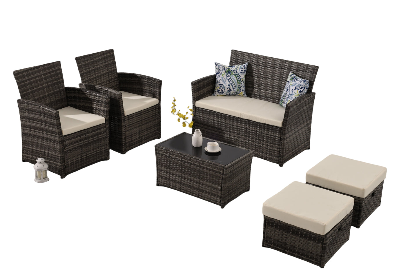 6 Pieces Outdoor Patio Furniture Set, Wicker Sectional Sofa Patio Conversation Set Couch with Ottomans Rattan Chair and Table