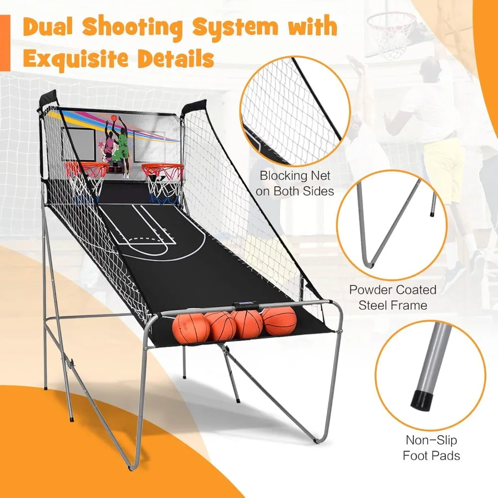 Foldable Dual Shot Basketball Game w/Electronic Scoring, 8 Game Modes, 4 Balls, Indoor Outdoor
