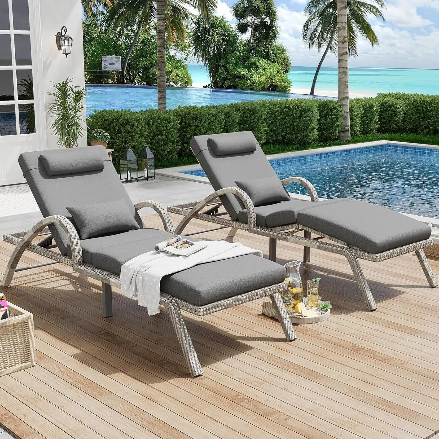 Outdoor Lounge Chairs Set of 2, Patio Chaise Loungers with Adjustable 5-Position & Leg Support, Wicker Pool Recliners