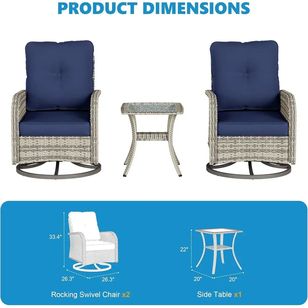 Compact 3-Piece Patio Furniture Set: Swivel Rocking Chairs with Wicker and Glass Table for Outdoor Spaces