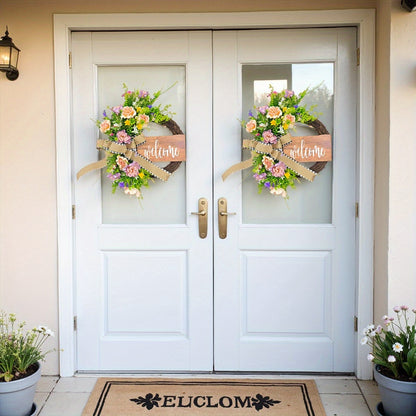 Spring Wreath for Front Door, 16.9 Inch Welcome Sign Front Door Wreath, Indoor Outdoor Green Eucalyptus Daisy Welcome