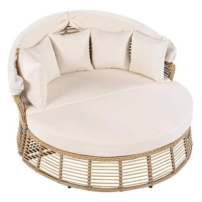 Rattan Round Daybed with Retractable Canopy & Removable Cushions for Patio Backyard