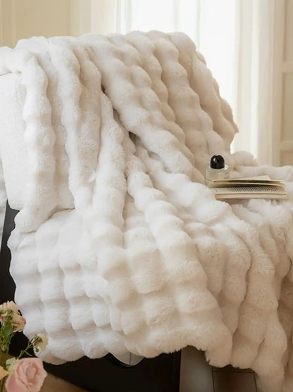 Bubble Fleece Blanket for Couch, Faux Rabbit Fur Throw, Soft Cozy Fluffy Decorative Blanket
