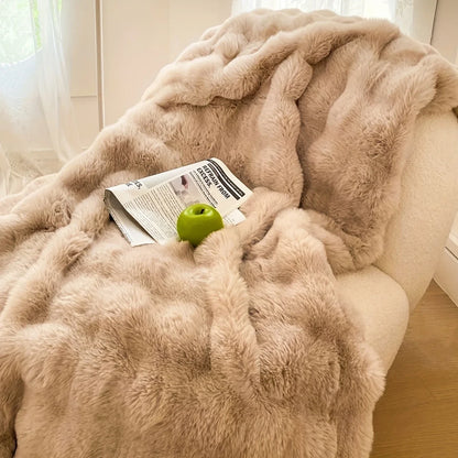 Bubble Fleece Blanket for Couch, Faux Rabbit Fur Throw, Soft Cozy Fluffy Decorative Blanket