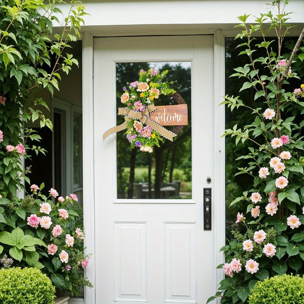 Spring Wreath for Front Door, 16.9 Inch Welcome Sign Front Door Wreath, Indoor Outdoor Green Eucalyptus Daisy Welcome