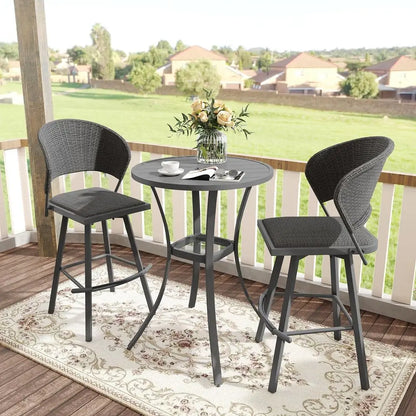 Grey Metal Patio Bar Set with 28 Table and 2 Swivel Wicker Stools