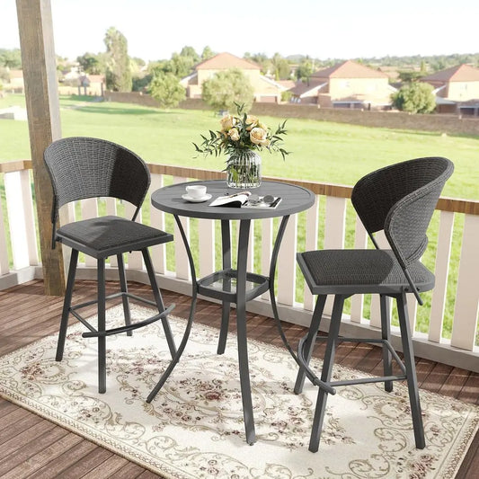 Grey Metal Patio Bar Set with 28 Table and 2 Swivel Wicker Stools