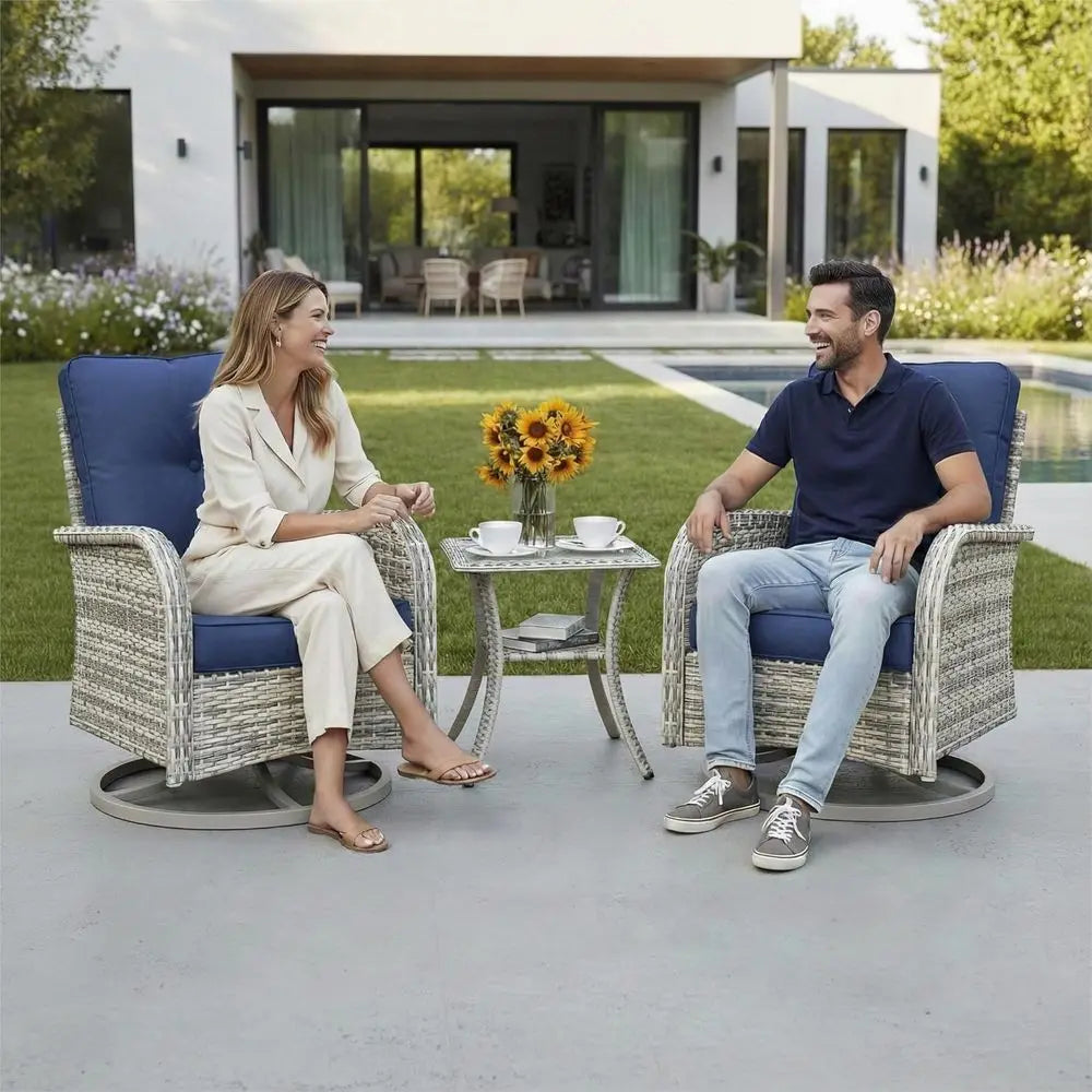 Compact 3-Piece Patio Furniture Set: Swivel Rocking Chairs with Wicker and Glass Table for Outdoor Spaces