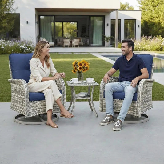 Compact 3-Piece Patio Furniture Set: Swivel Rocking Chairs with Wicker and Glass Table for Outdoor Spaces