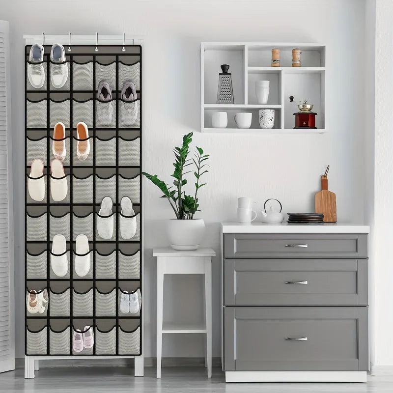 1pc 14/28/40-Grid Transparent Fabric Hanging Organizer Foldable Storage Bag For Shoes, socks, etc..