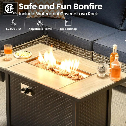 9-Piece Outdoor Patio Furniture Set with Fire Pit, Sectional Sofa, Rocking Chairs, and Chaise Lounge in Denim Blue Wicker Rattan