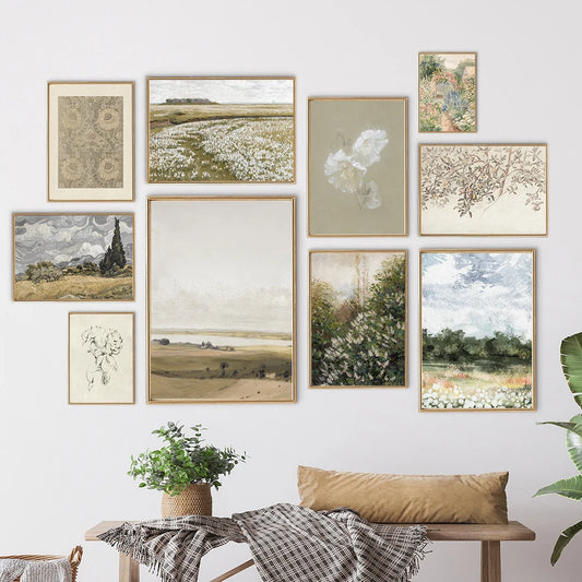Summer Landscape Vintage Oil Painting Canvas Spring Neutral Gallery Wall Art Retro Green Tone Farmhouse Wall Decor