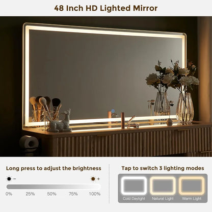 illuminated 48" makeup vanity desk with fluted design, 8-drawer storage and charging station