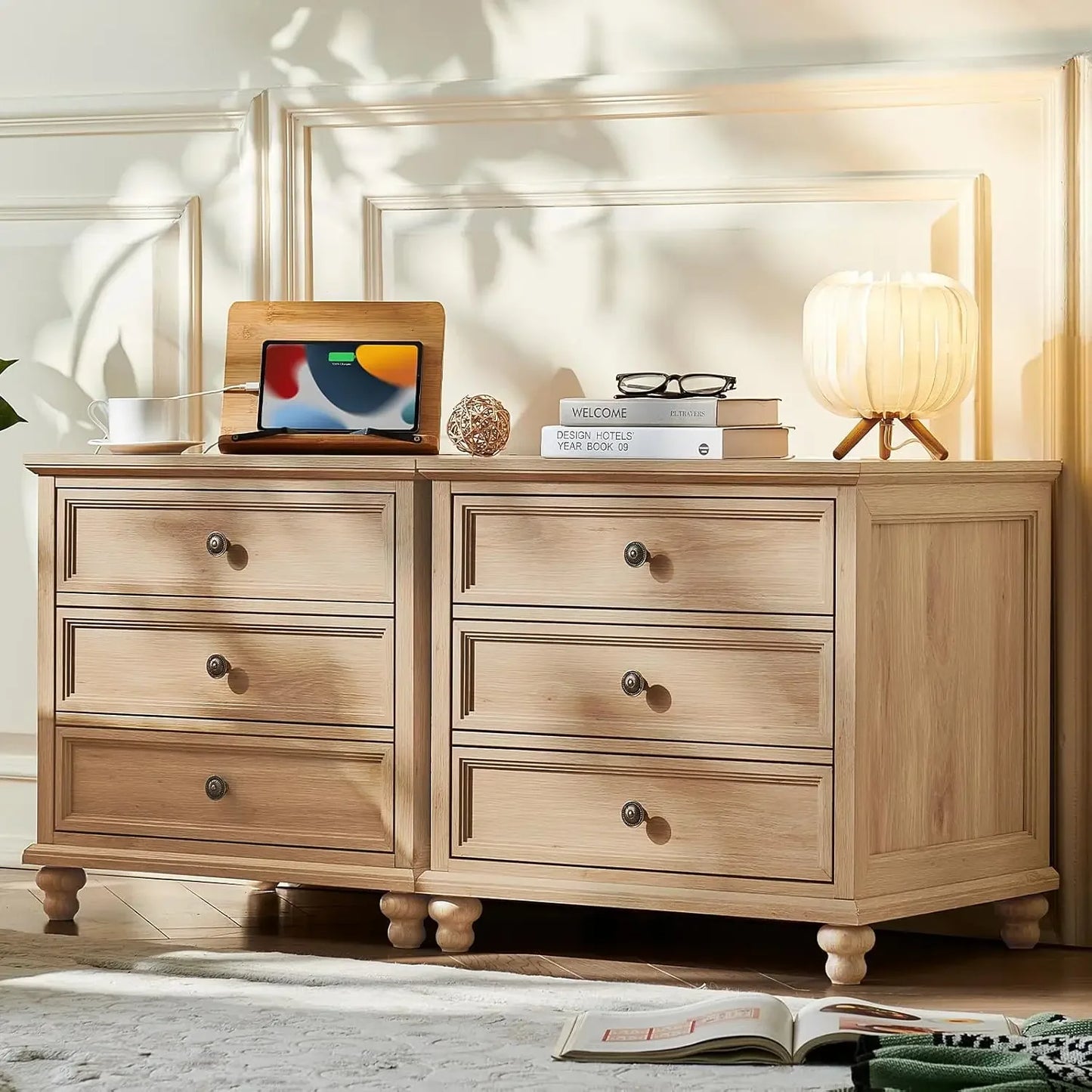 Farmhouse Nightstand Set of 2 with Charging Station, 24" Wide End Table with 3 Drawers, Bed Side