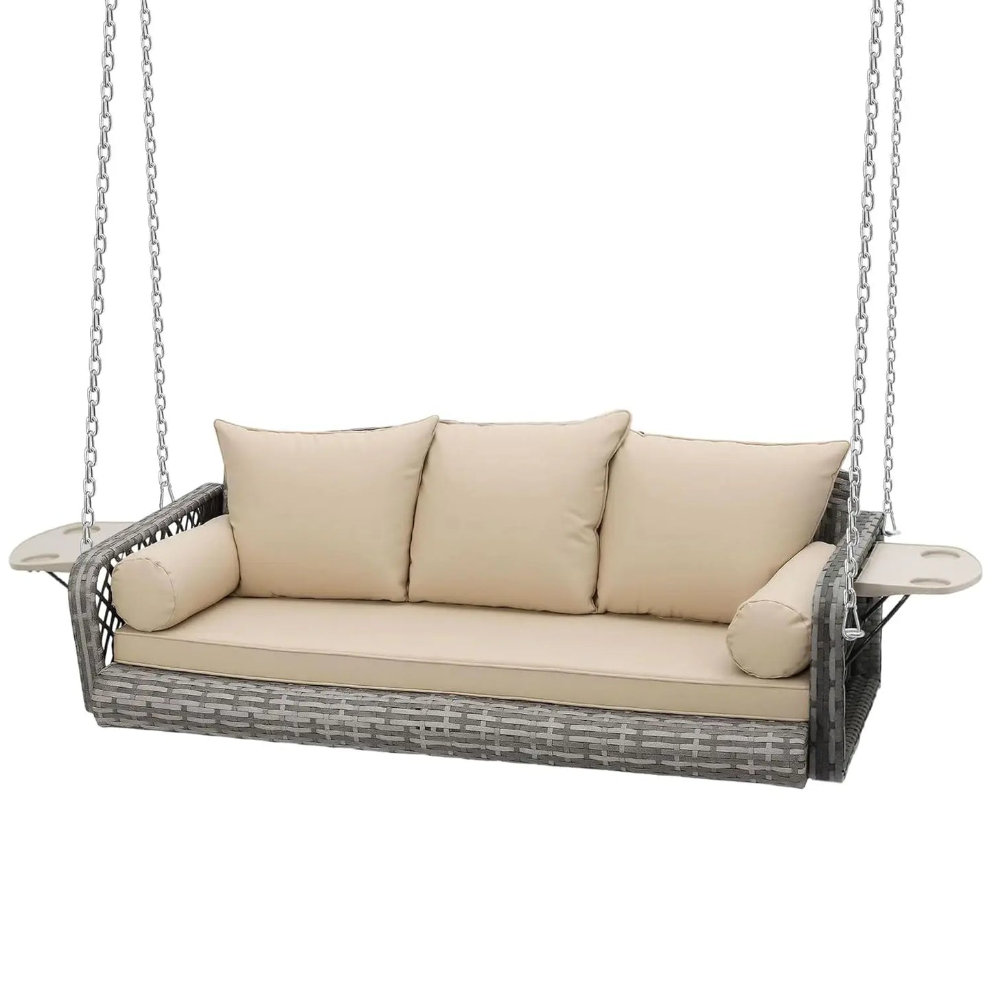 3-Person Hanging Porch Swing Wicker, Outdoor Rattan Swing Bench W/ 3 Back Cushions and Seat Cushion, Sturdy Steel, Customized