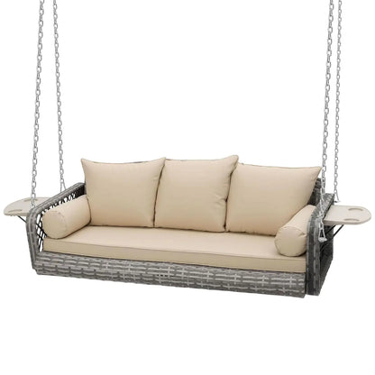 3-Person Hanging Porch Swing Wicker, Outdoor Rattan Swing Bench W/ 3 Back Cushions and Seat Cushion, Sturdy Steel, Customized