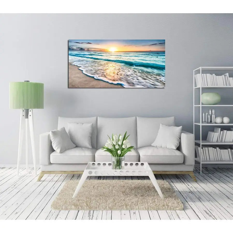 Canvas Prints Wall Art Beach Sunset Ocean Waves Nature Pictures Stretched Canvas Wooden Framed for living Room