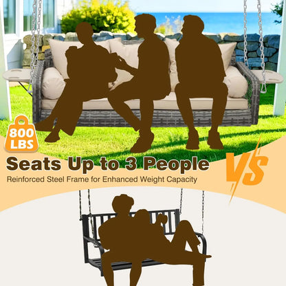 3-Person Hanging Porch Swing Wicker, Outdoor Rattan Swing Bench W/ 3 Back Cushions and Seat Cushion, Sturdy Steel, Customized