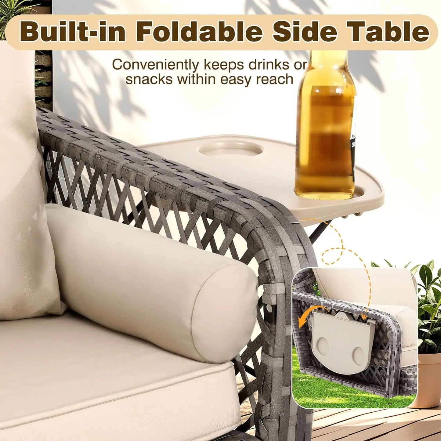 3-Person Hanging Porch Swing Wicker, Outdoor Rattan Swing Bench W/ 3 Back Cushions and Seat Cushion, Sturdy Steel, Customized
