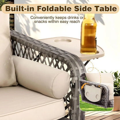 3-Person Hanging Porch Swing Wicker, Outdoor Rattan Swing Bench W/ 3 Back Cushions and Seat Cushion, Sturdy Steel, Customized