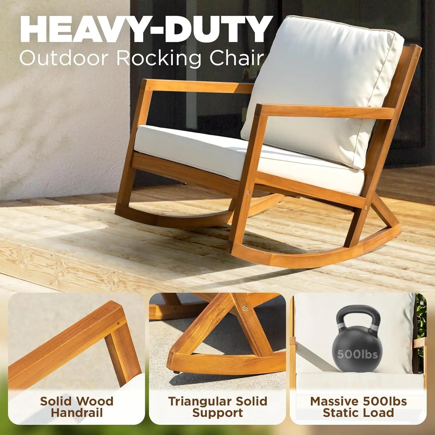 Rocking Chairs Design Heavy Duty 400lbs Capacity Wood Patio Bistro Set 3 Piece Outdoor