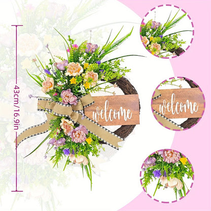 Spring Wreath for Front Door, 16.9 Inch Welcome Sign Front Door Wreath, Indoor Outdoor Green Eucalyptus Daisy Welcome