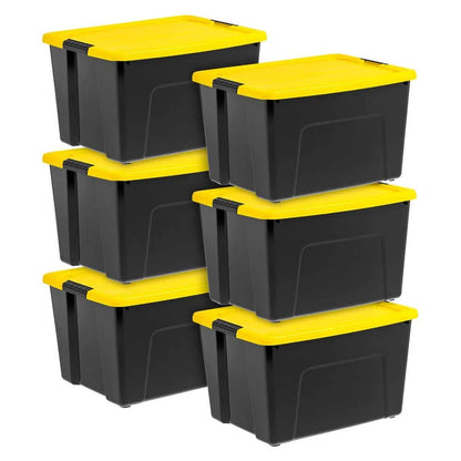 60 Qt./15 Gal. Plastic Storage Boxes with Latching Lids, Black and Yellow (Set of 6)