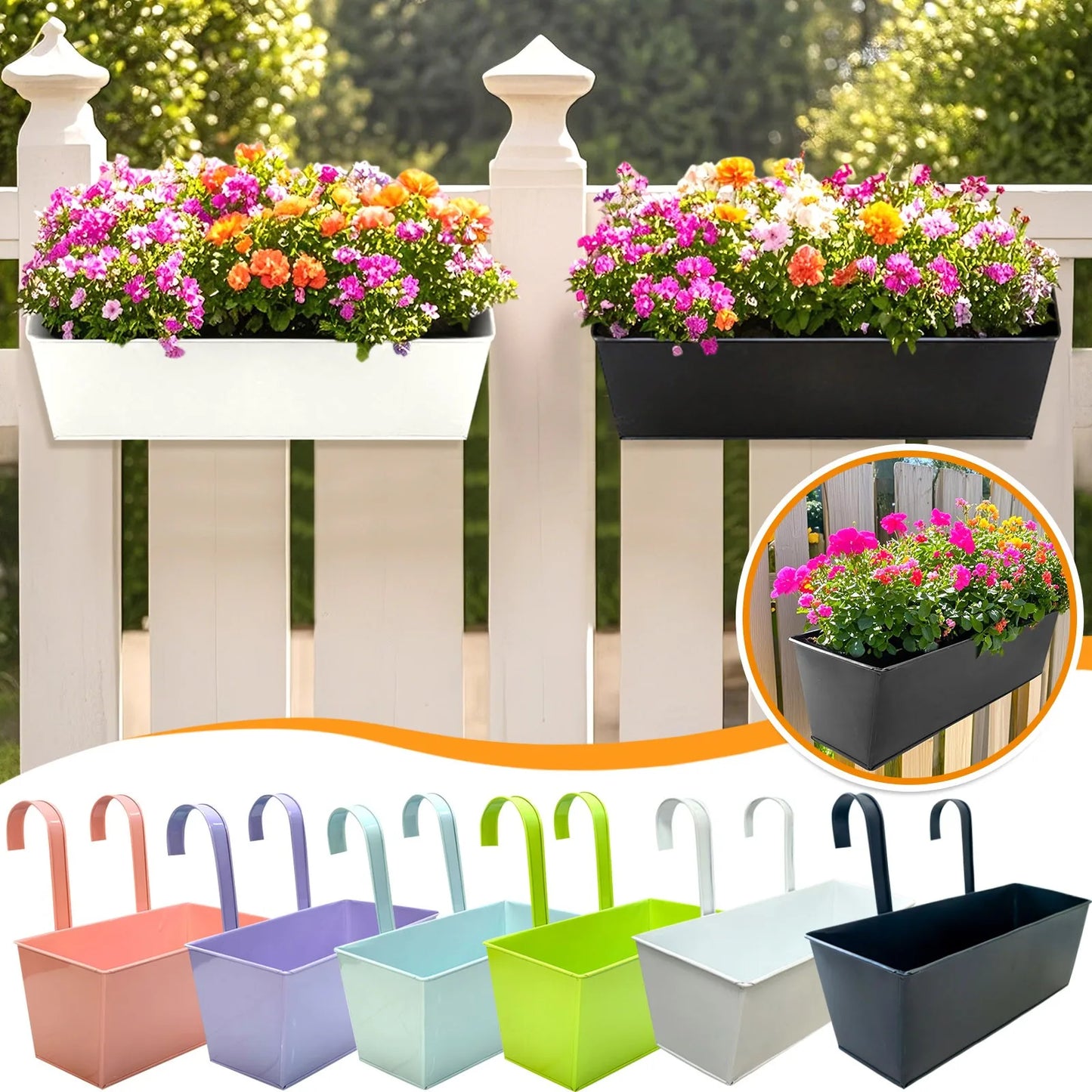 Outdoor Plants, Planter Black Metal Iron Hanging Flower Pots for Decks, Railings, Fence or Wall Mount Window Box