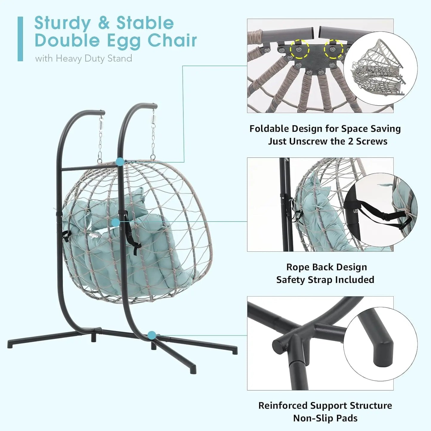 2-Person Double Egg Swing Chair with Stand, Indoor Outdoor Patio Wicker Hanging Chair w/Cushion, Foldable 550lbs Light Blue