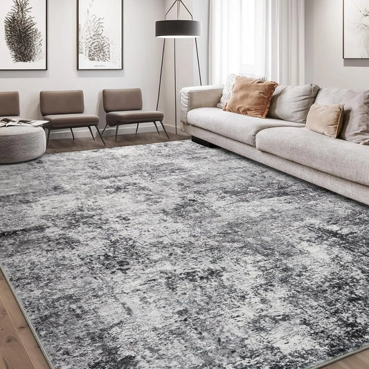 9x12 Soft Modern Abstract Area Rug - Low Pile Washable, Grey