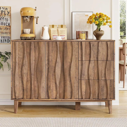 Fluted Buffet Cabinet with Storage, 47.2" Sideboard Cabinet with 3 Drawers and 2 Doors, Adjustable Shelf