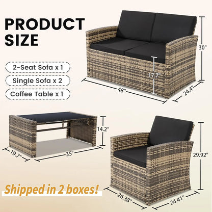 4 Pieces Patio Conversation Set, Outside Rattan Sectional Sofa, Cushioned Furniture Set, Wicker
