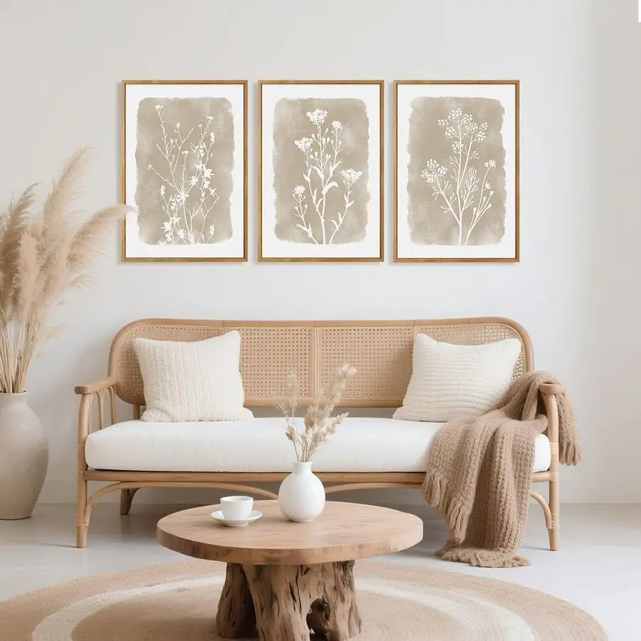 Botanical Farmhouse Wall Art Set, Framed Boho Plant Wall Decor, Neutral Minimalist Floral Wall Painting, Rustic Wildflower Canvas