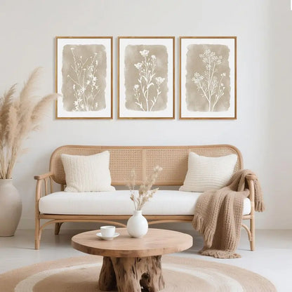 Botanical Farmhouse Wall Art Set, Framed Boho Plant Wall Decor, Neutral Minimalist Floral Wall Painting, Rustic Wildflower Canvas
