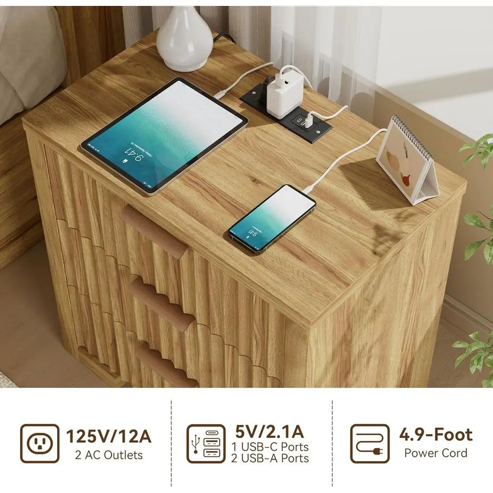 24" 3 Drawer Nightstand, Fluted Set of 2 Modern side tables with Charger Station