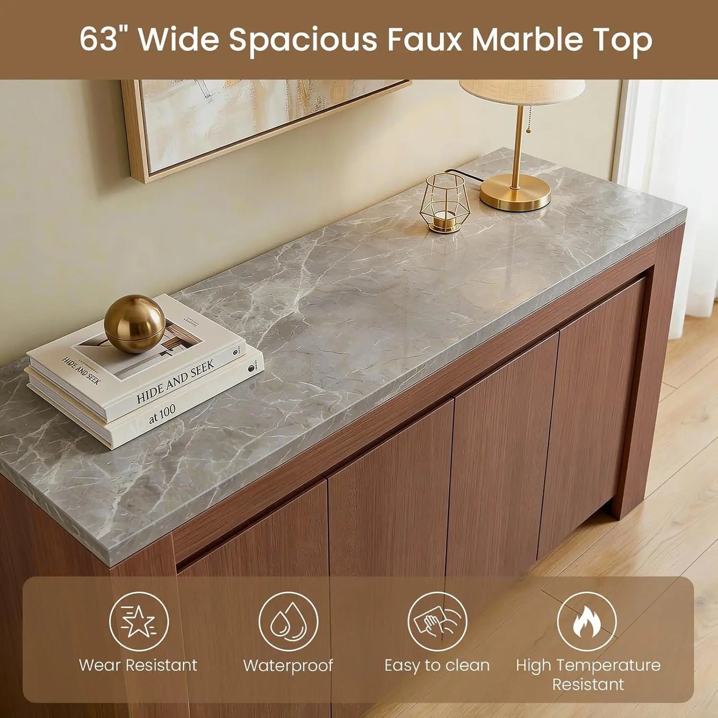 Buffet Cabinet with Storage, 63" Sideboard Accent Cabinet with Faux Marble Top & 4 Doors