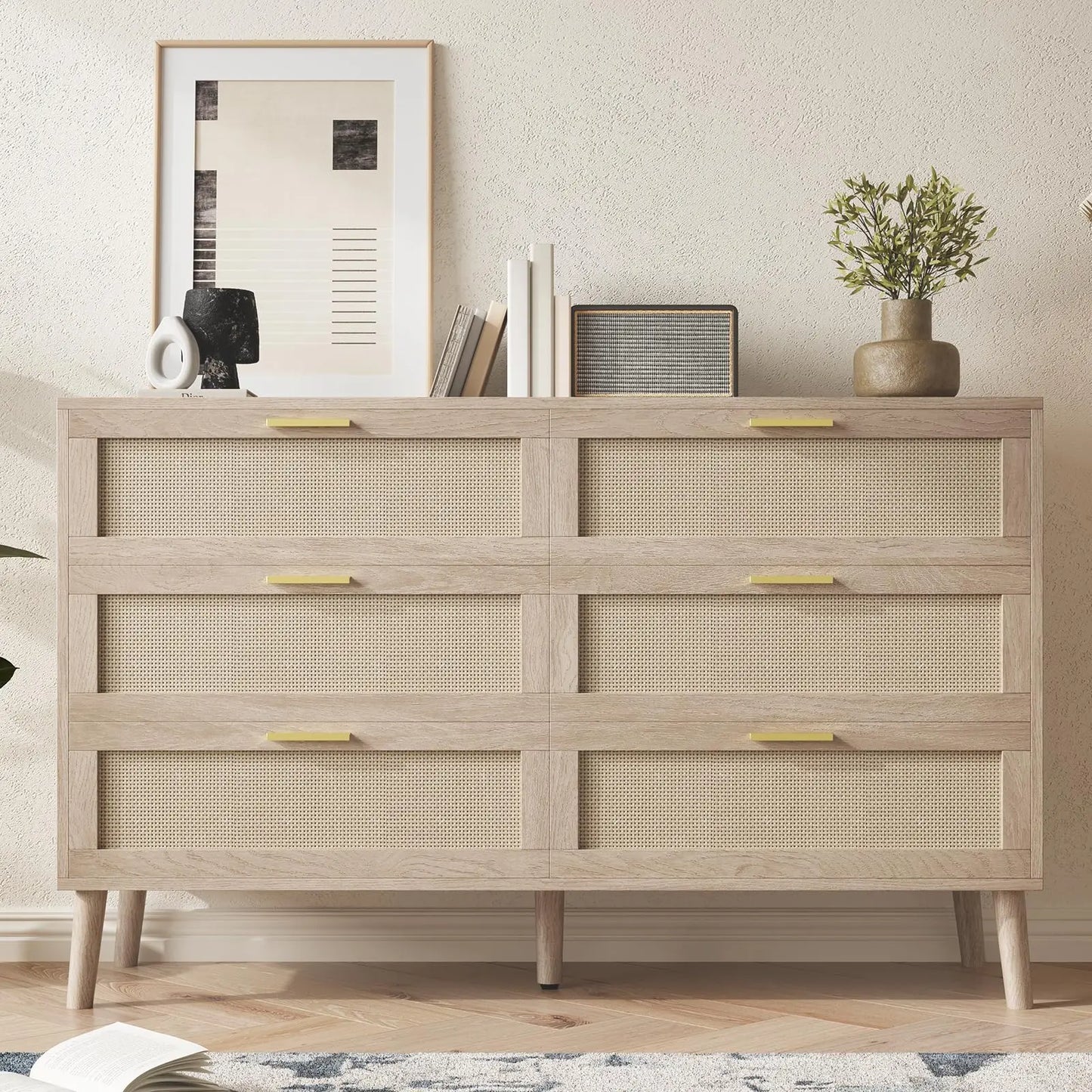 47.2" Rattan 6 Drawer Dresser Mid Century Modern Chest Of Drawers With Gold Handles Large Storage Dresser For Bedroom Entryway