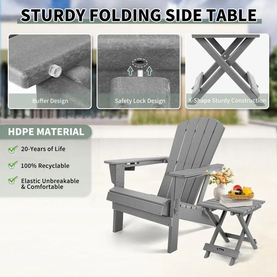 Outdoor Folding Adirondack Side Table, Portable No Assembly Patio End Table HDPE All Weather