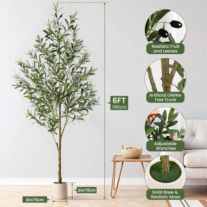 6FT Artificial Olive Tree with Lifelike Fruits, Silk Plant in White Planter for Home Decor