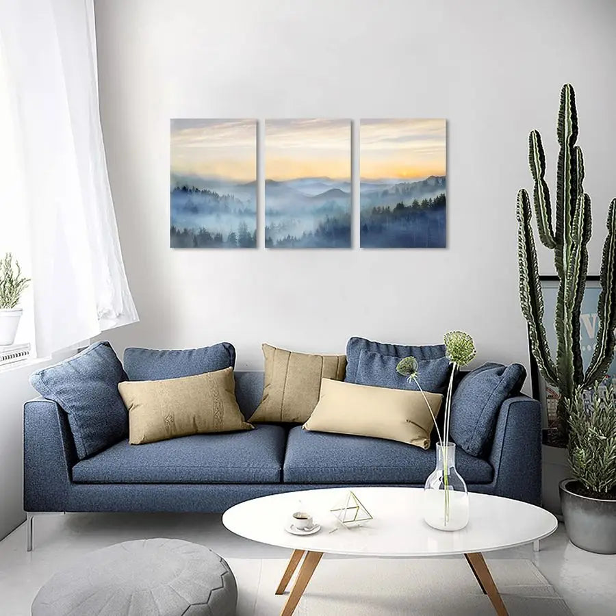 3 Panel Sunrise Misty Forest Picture Paintings Wall Art for Living Room, bedroom, Bathroom Framed Canvas Artwork