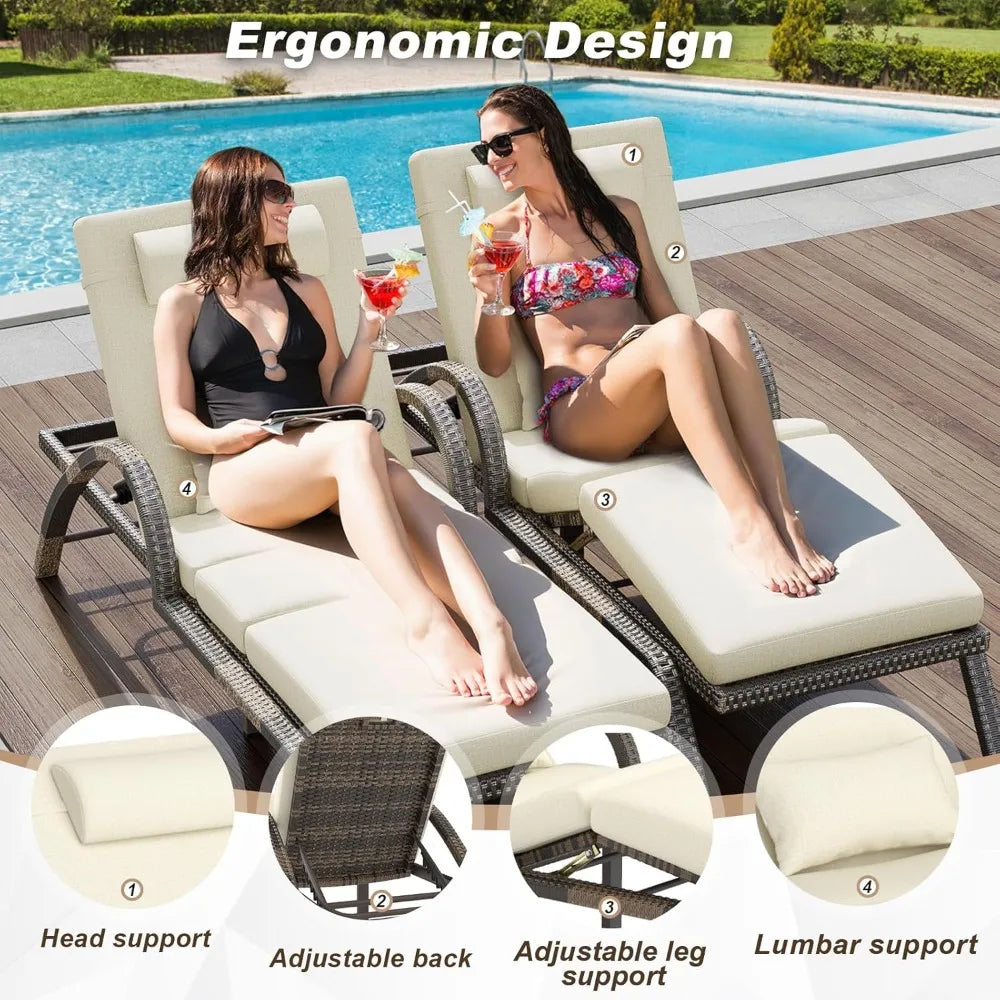 Outdoor Lounge Chairs Set of 2, Patio Chaise Loungers with Adjustable 5-Position & Leg Support, Wicker Pool Recliners