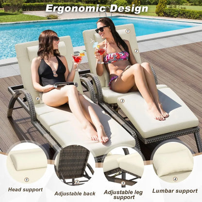 Outdoor Lounge Chairs Set of 2, Patio Chaise Loungers with Adjustable 5-Position & Leg Support, Wicker Pool Recliners