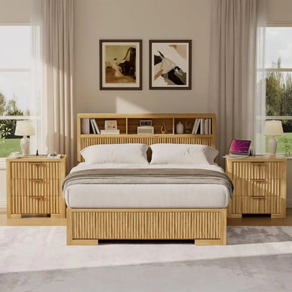 24" 3 Drawer Nightstand, Fluted Set of 2 Modern side tables with Charger Station
