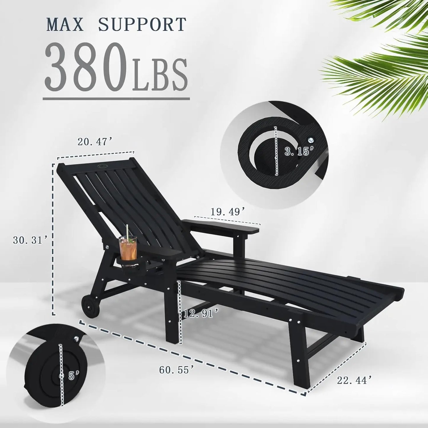 Patio Chaise Lounge Chair Set of 2, Oversized Lounge Chair Outdoor with 5 Positions, HDPE, Patio Lounge Chair