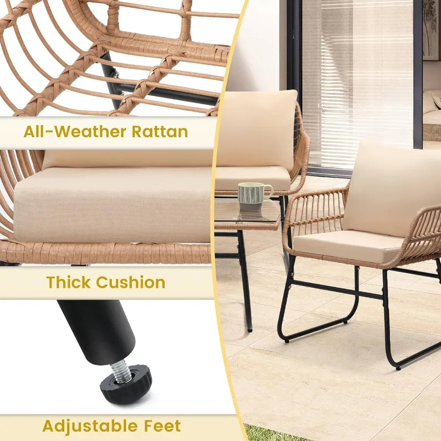 4 Piece Patio Bistro Outdoor Furniture Set with Wicker Sofa 2 Rattan Chairs and Table for Backyard