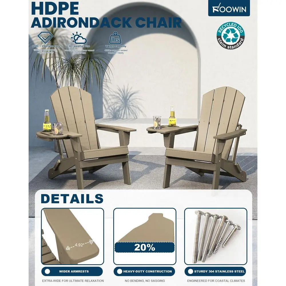 Set of 4 Weather-Resistant HDPE Adirondack Chairs with Cup Holders for Outdoor Patio, Lawn, Garden, Backyard, Deck - Brown