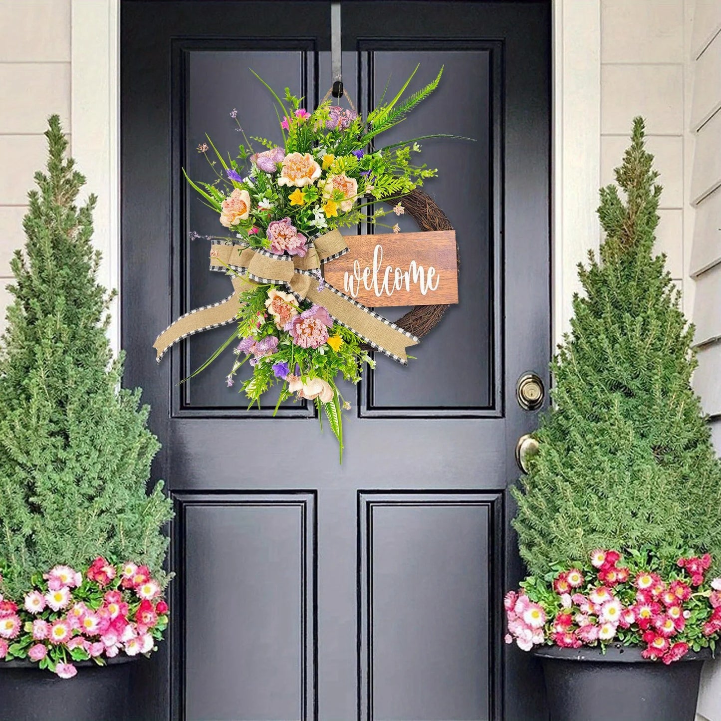 Spring Wreath for Front Door, 16.9 Inch Welcome Sign Front Door Wreath, Indoor Outdoor Green Eucalyptus Daisy Welcome